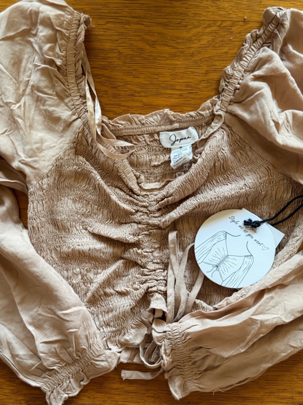 Japna Beige Ruched Long Sleeve Crop Top
